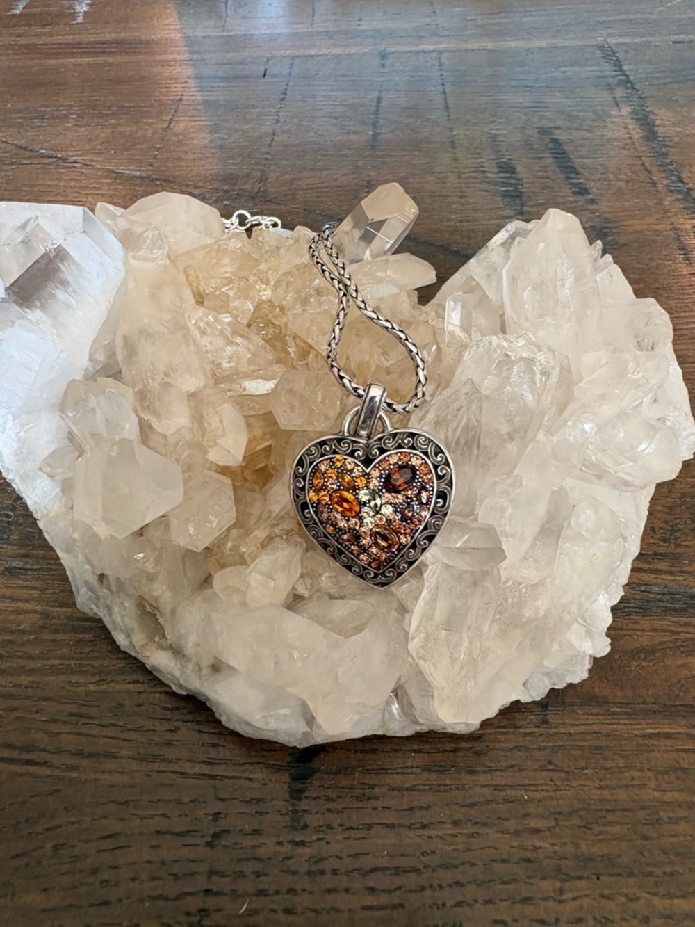 Brighton Vintage Silver Heart Pendant Necklace with Amber Crystals.